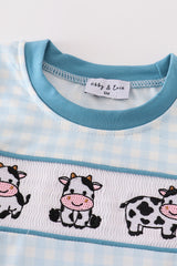 Blue cow embroidery smocked boy bubble