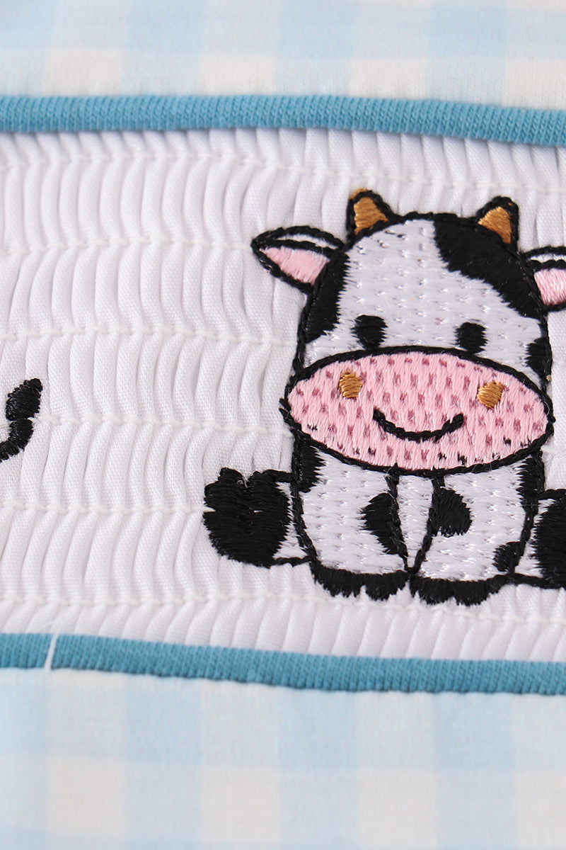 Blue cow embroidery smocked boy bubble