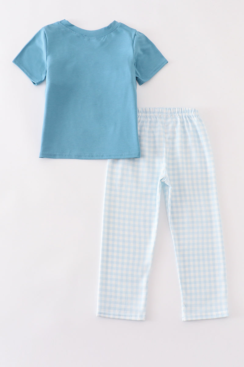 Blue gingham cow embroidery smocked boy set