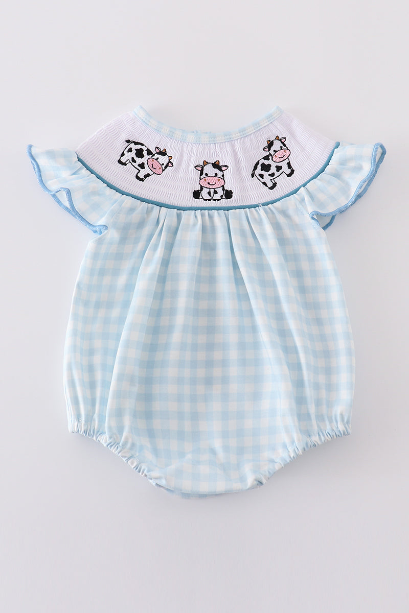 Blue cow embroidery smocked girl bubble