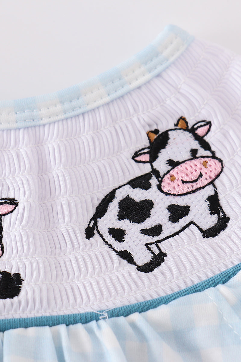 Blue cow embroidery smocked girl bubble