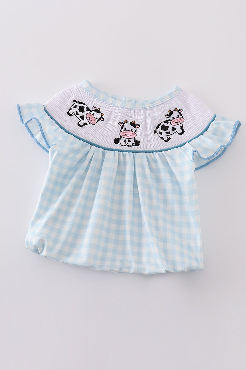 Blue cow embroidery smocked girl bubble