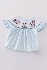 Blue cow embroidery smocked girl bubble