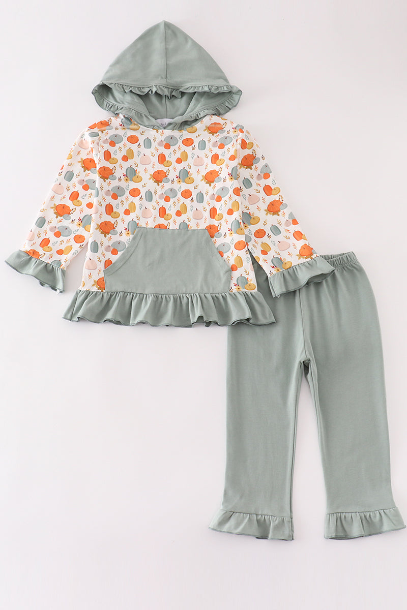 Green pumpkin print girl hoodie set