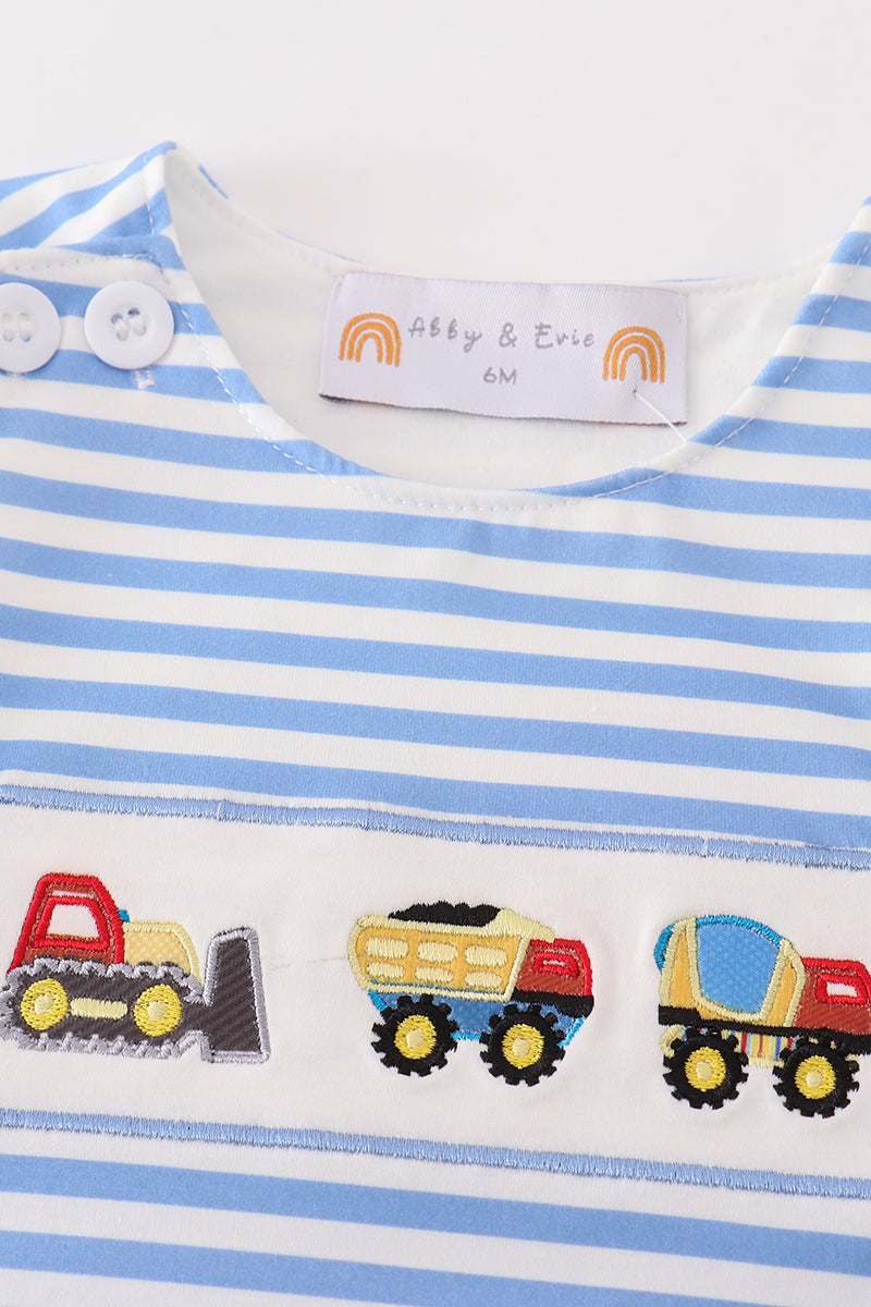 Blue construction trucks embroidery baby set