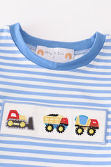 Blue construction trucks embroidery stripe boy top