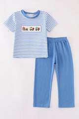 Blue construction trucks embroidery stripe boy pants set