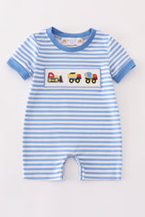 Blue construction trucks embroidery stripe boy romper