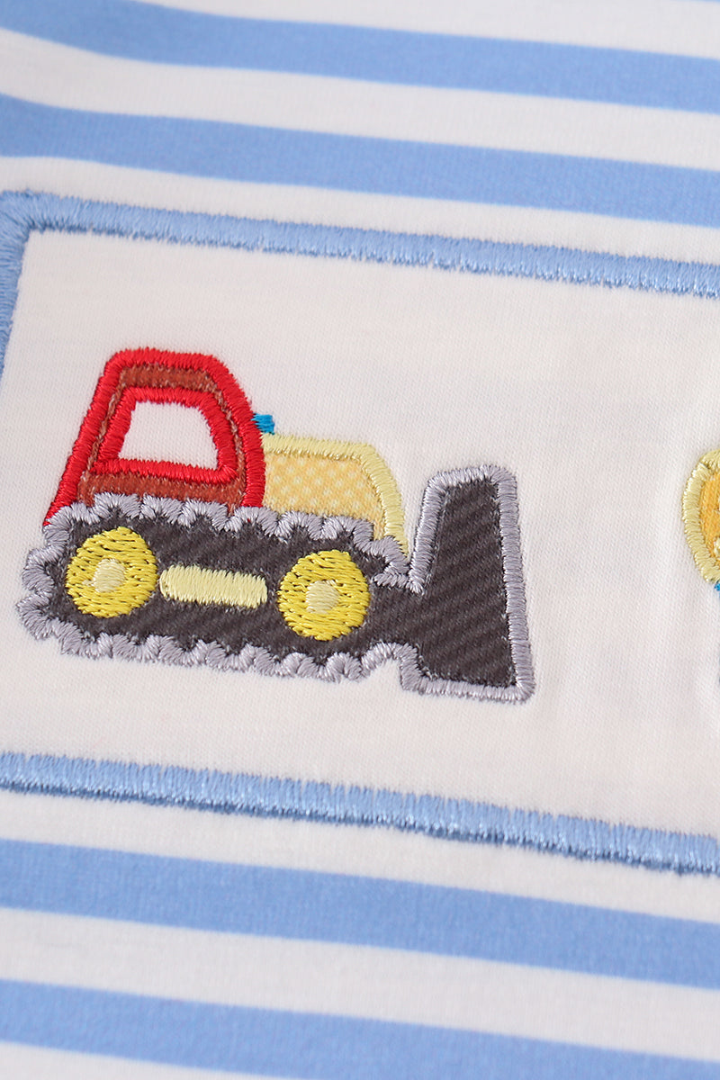 Blue construction trucks embroidery stripe boy romper