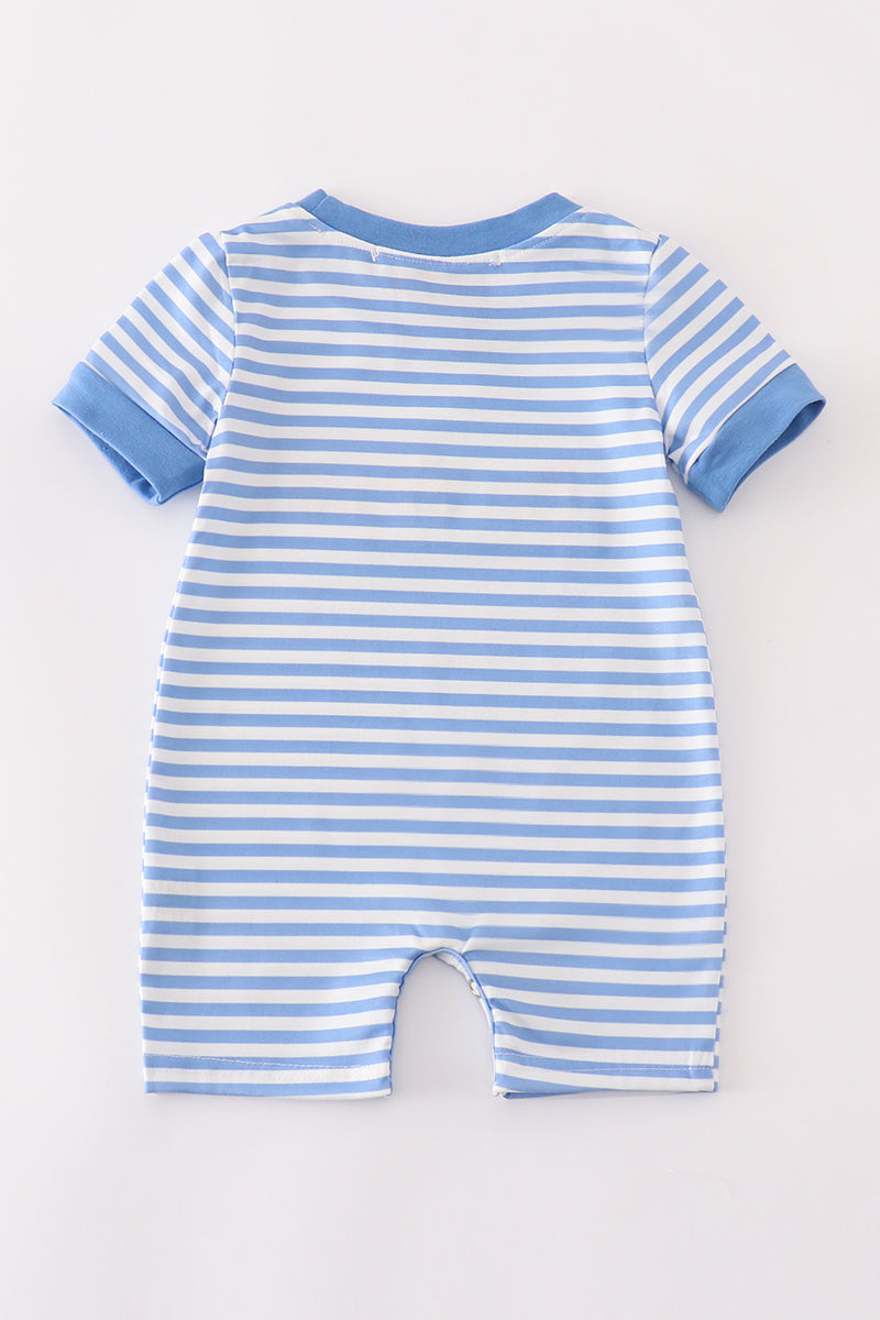 Blue construction trucks embroidery stripe boy romper