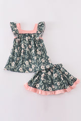 Green forest bloom print girl bloomer set