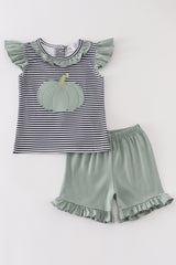 Sage pumpkin applique stripe girl shorts set