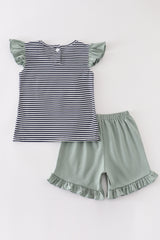 Sage pumpkin applique stripe girl shorts set