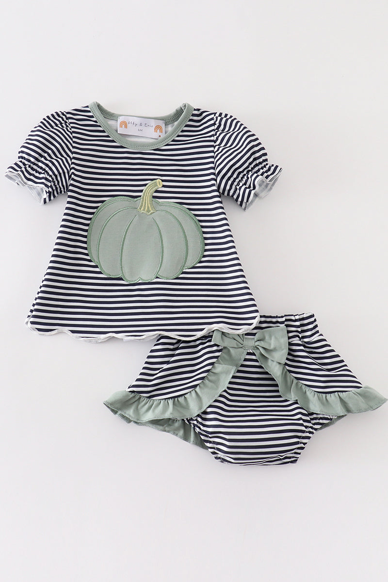 Sage pumpkin applique stripe baby bloomer set