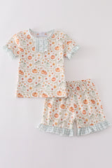 Green pumpkin print girl ruffle shorts set