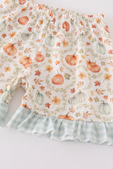 Green pumpkin print girl ruffle shorts set