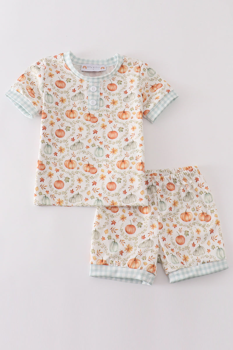 Green pumpkin print girl ruffle shorts set