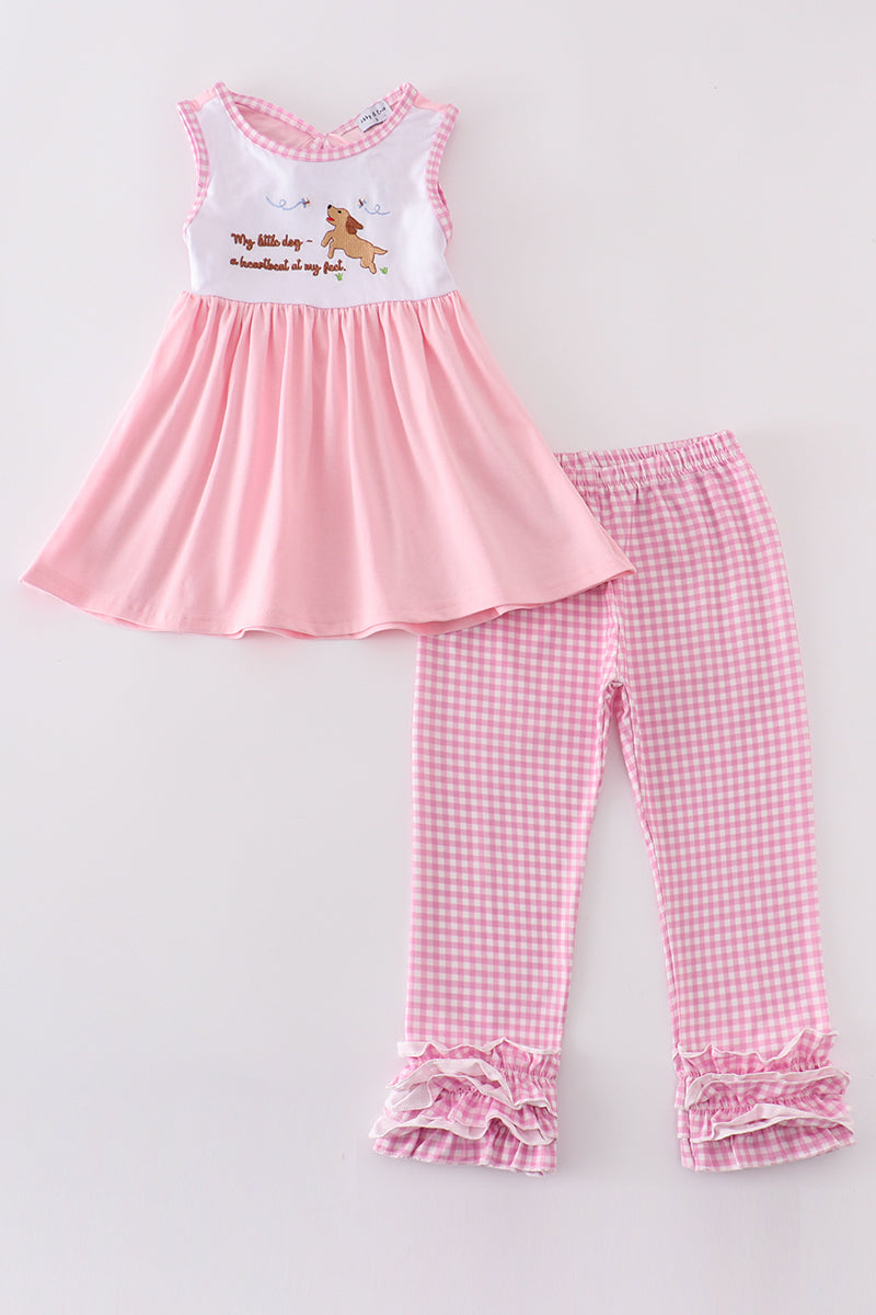 Pink puppy embroidery girl set