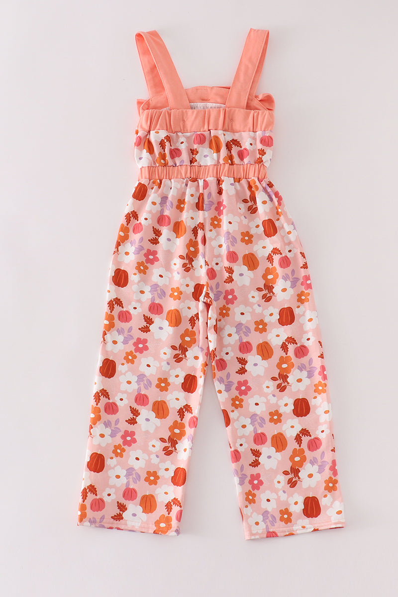 Pumpkin floral print bow girl jumpsuit