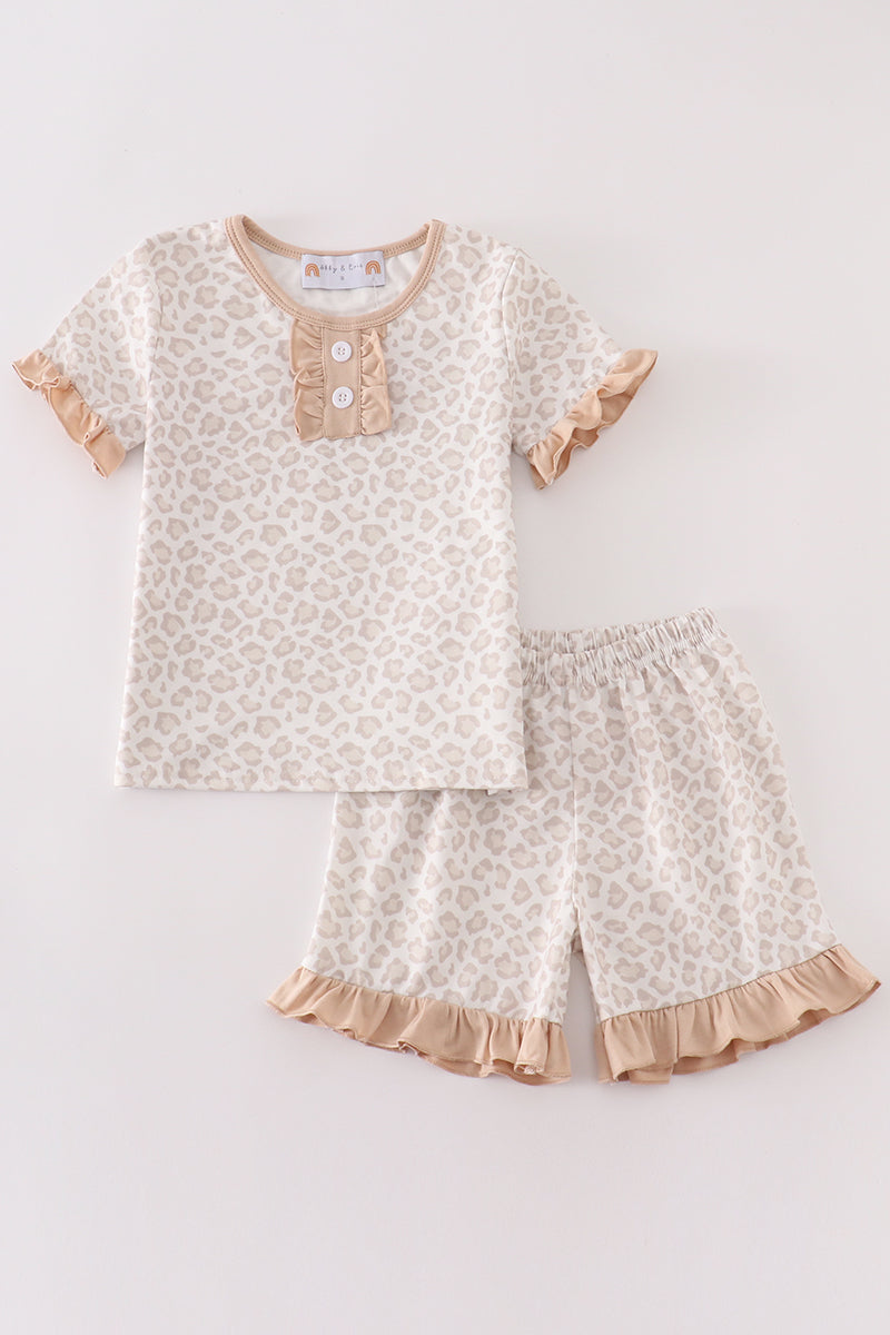 Beige leopard girl ruffle shorts set