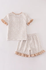 Beige leopard girl ruffle shorts set