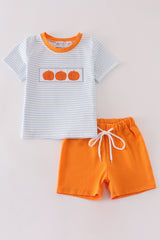 Blue stripe pumpkin french knot boy set