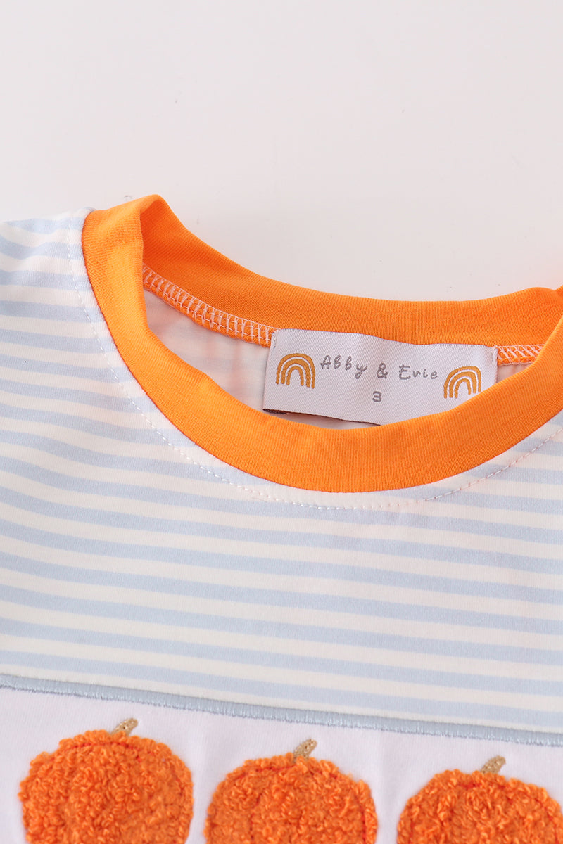 Blue stripe pumpkin french knot boy set