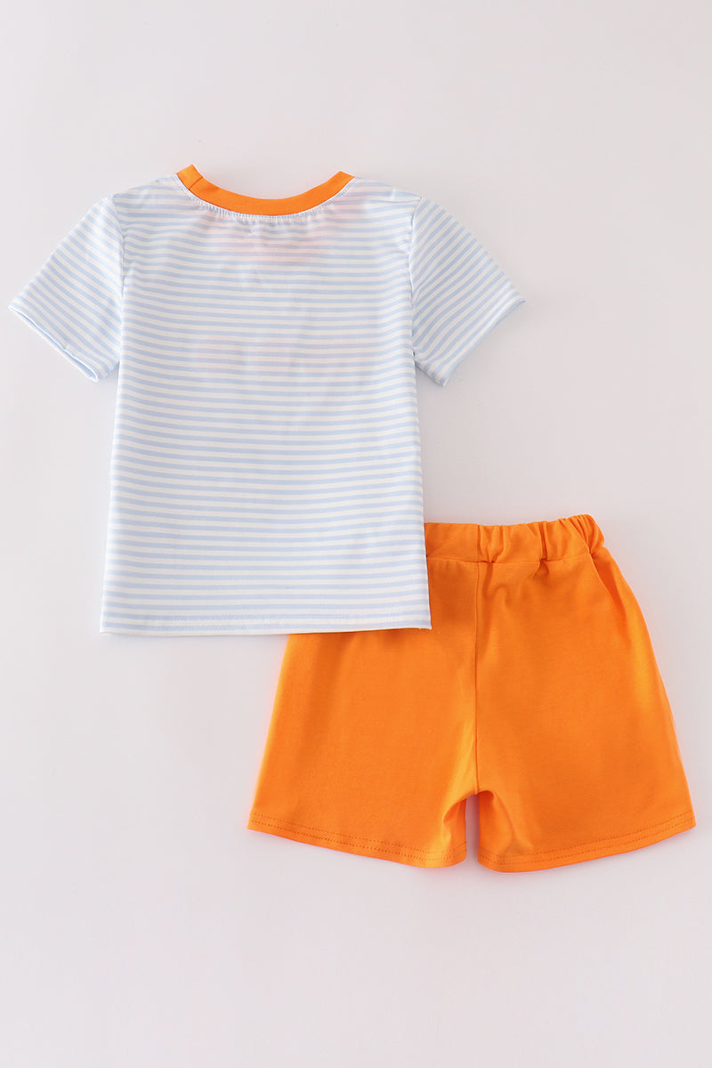 Blue stripe pumpkin french knot boy set