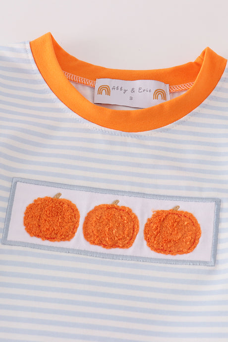 Blue stripe pumpkin french knot boy set