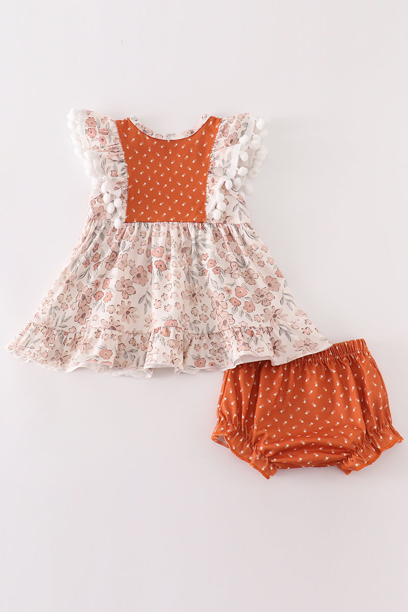 Brown floral ruffle baby girl set