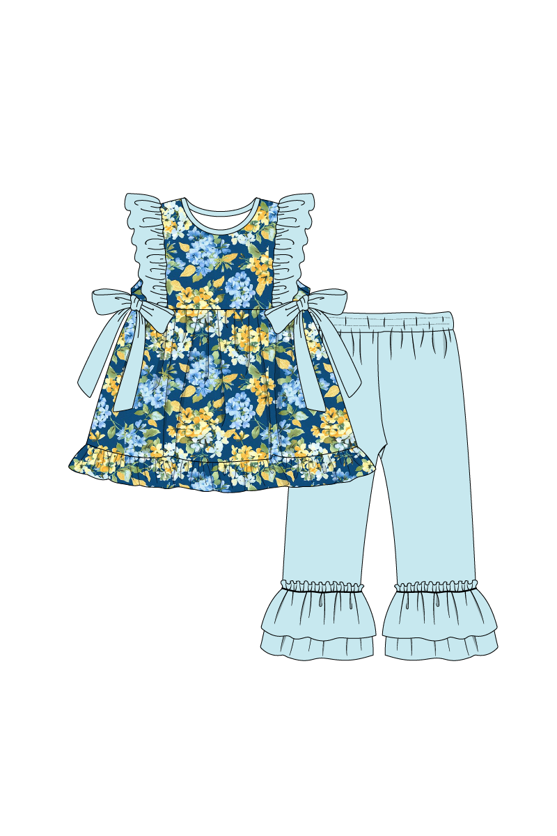 Golden meadow print ruffle girl set