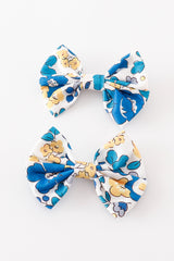 Blue floral print piggie hair bow