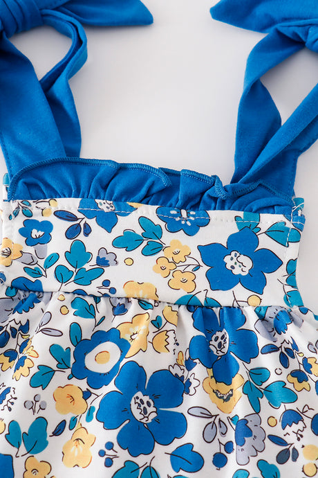 Blue floral print ruffle baby bloomers set