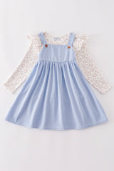 Blue corduroy leopard ruffle girl dress set