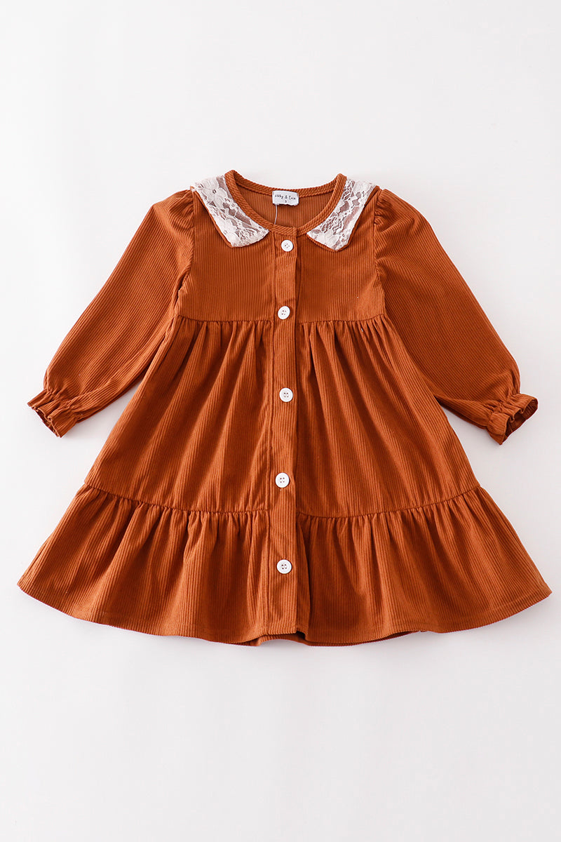 Brown corduroy lace tiered dress