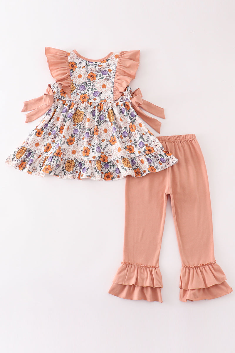 Coral floral print ruffle girl set