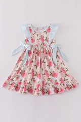 Pink floral print ruffle girl dress