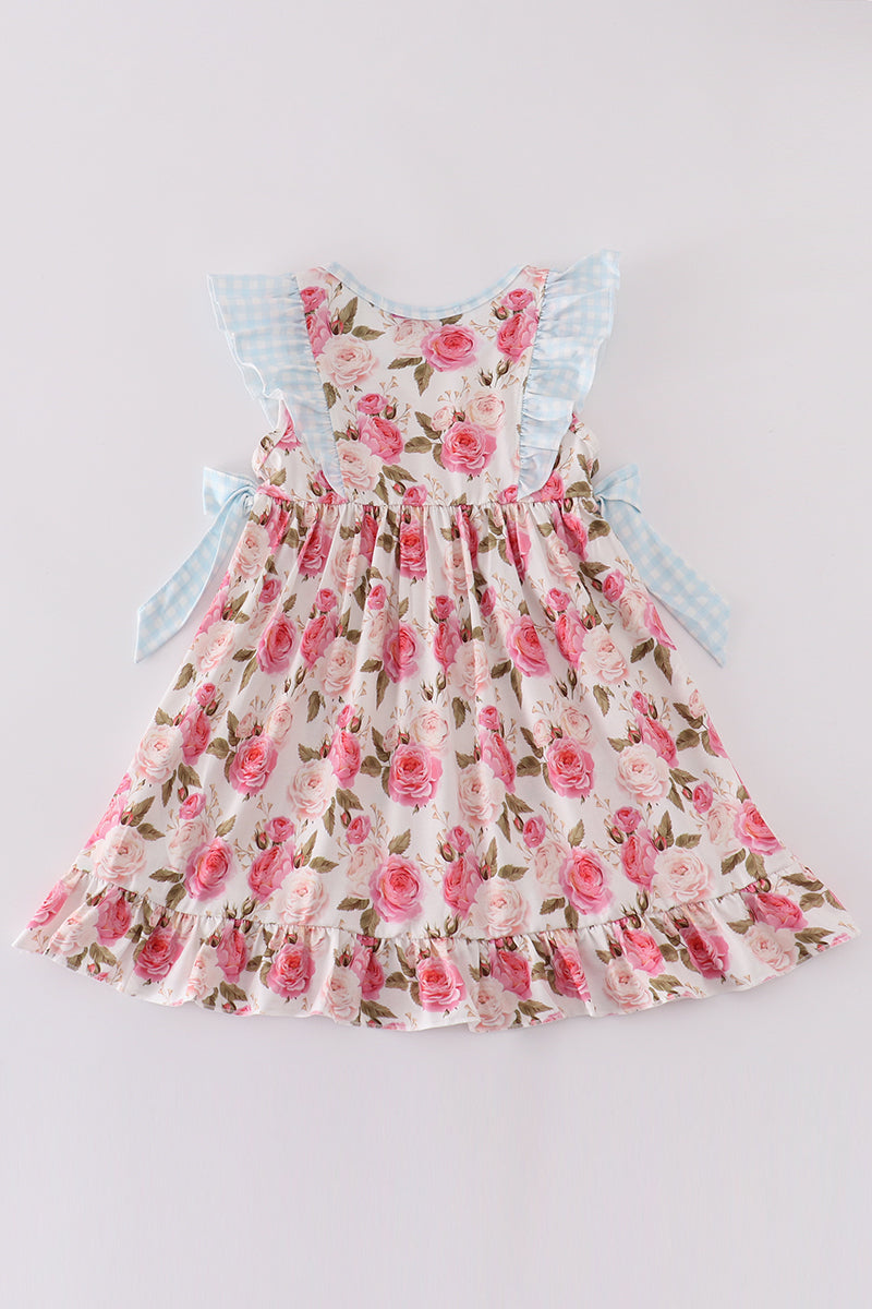 Pink floral print ruffle girl dress