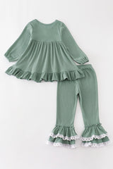 Green waffle girl ruffle set