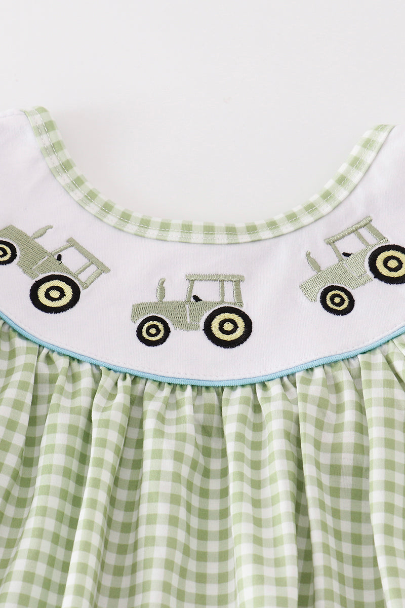 Green tractor embroidery gingham girl set