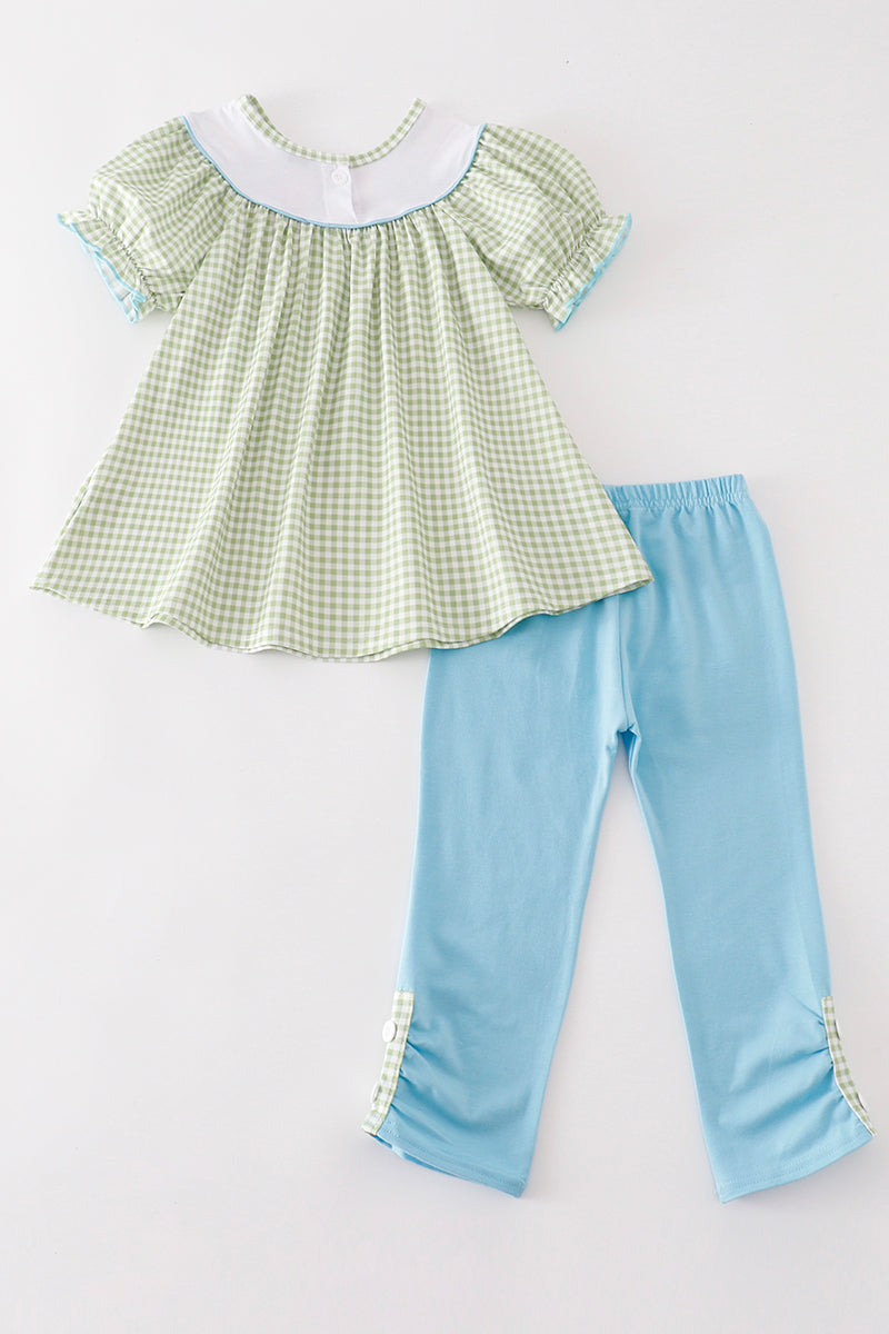 Green tractor embroidery gingham girl set