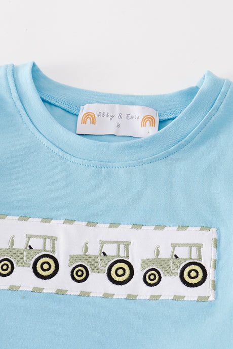 Green tractor embroidery gingham boy set