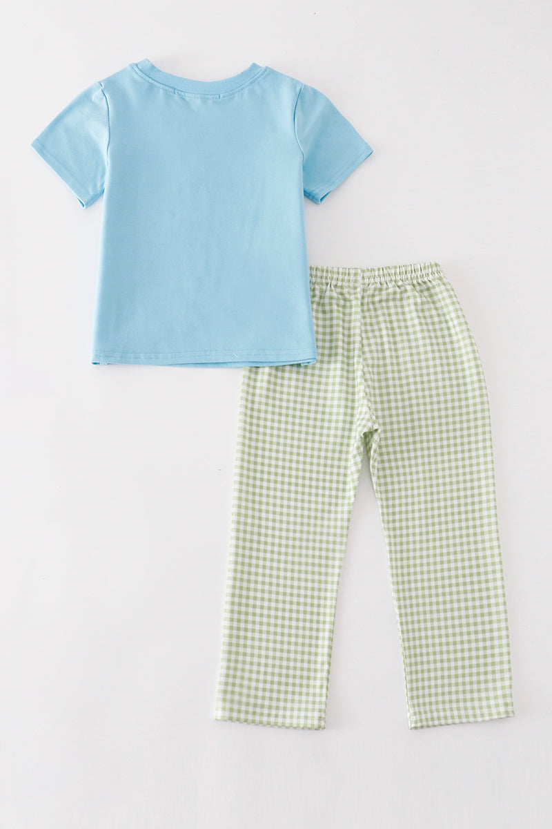 Green tractor embroidery gingham boy set