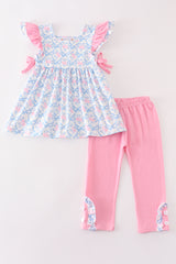 Pink bow print ruffle girl set