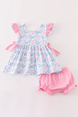 Pink bow print ruffle baby bloomers set