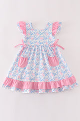 Pink bow print ruffle dress