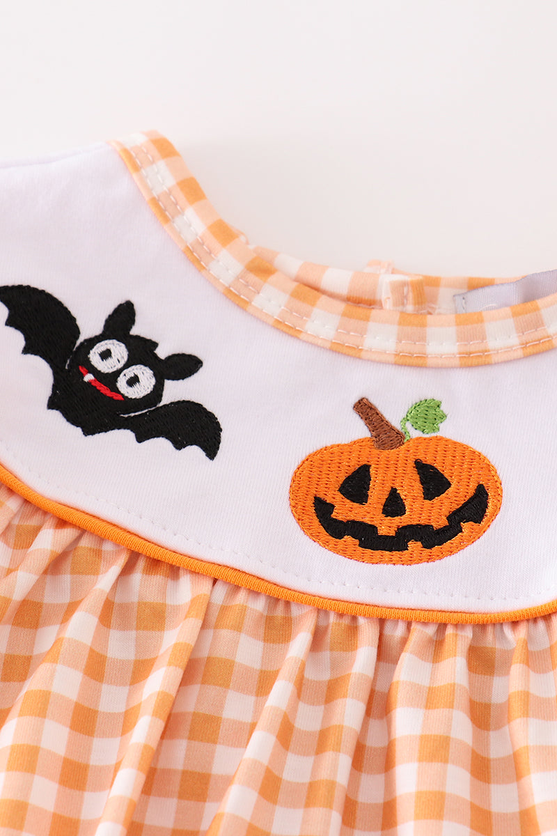 Orange halloween embroidery plaid girl bubble