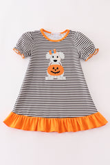 Halloween pumpkin puppy stripe applique dress