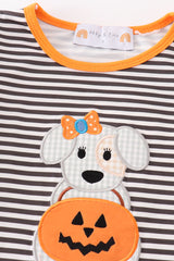 Halloween pumpkin puppy stripe applique dress