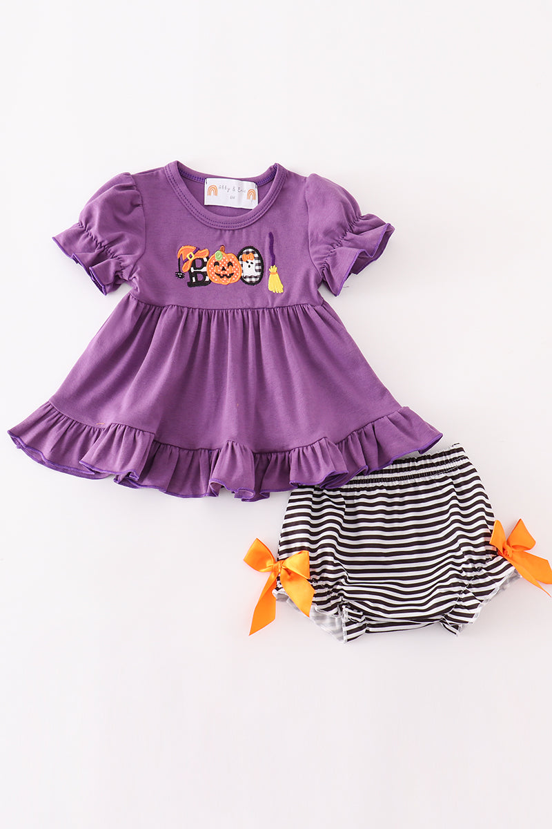 Purple halloween pumpkin BOO applique baby set